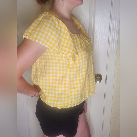 Old Navy M FlutterSlve LINEN Blend Gingham YellowWhite Plaid Tie Back Women Top - Picture 2 of 6